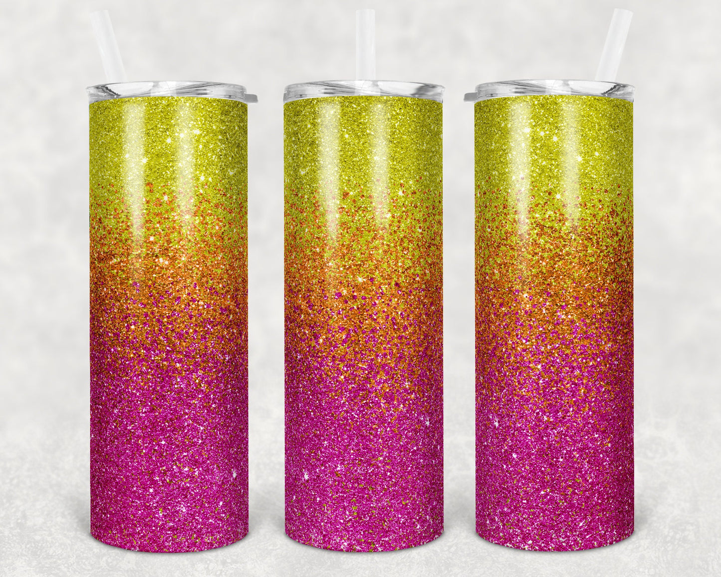 20 oz Skinny Tumbler Sublimation Design Template Glitter Ombre Yellow Orange Pink Sunrise Straight Warped Design