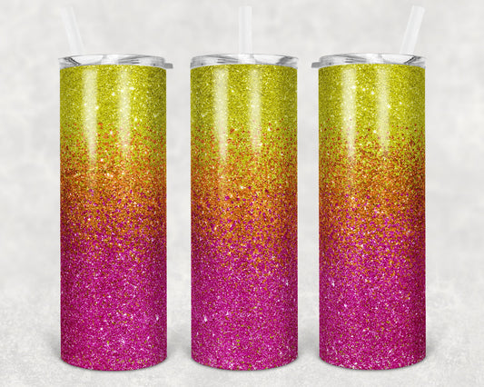 20 oz Skinny Tumbler Sublimation Design Template Glitter Ombre Yellow Orange Pink Sunrise Straight Warped Design