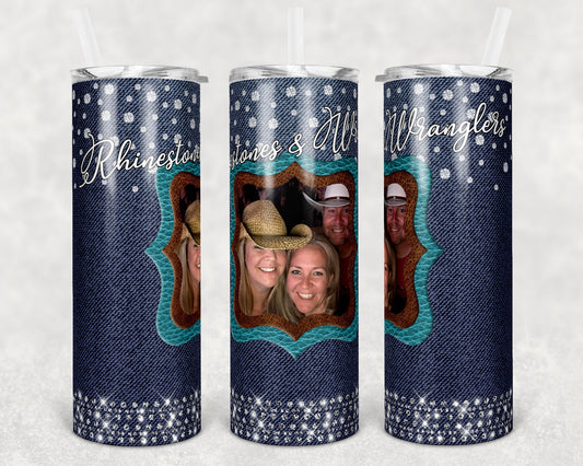 20 oz Skinny Tumbler Denim Leather and Rhinestones Western Photo Sublimation Design