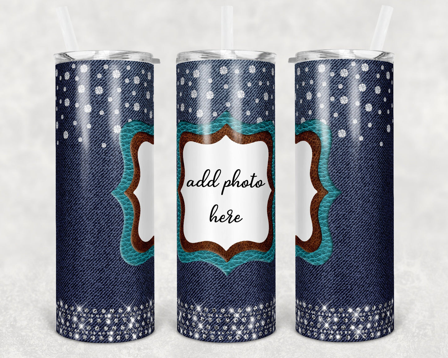 20 oz Skinny Tumbler Denim Leather and Rhinestones Western Photo Sublimation Design