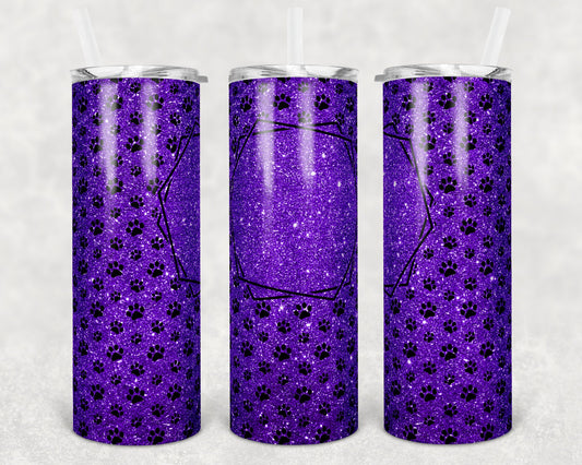 20 oz Skinny Tumbler Sublimation Purple Glitter Paw Dog Frame Add Text Personalize Template Straight Warped