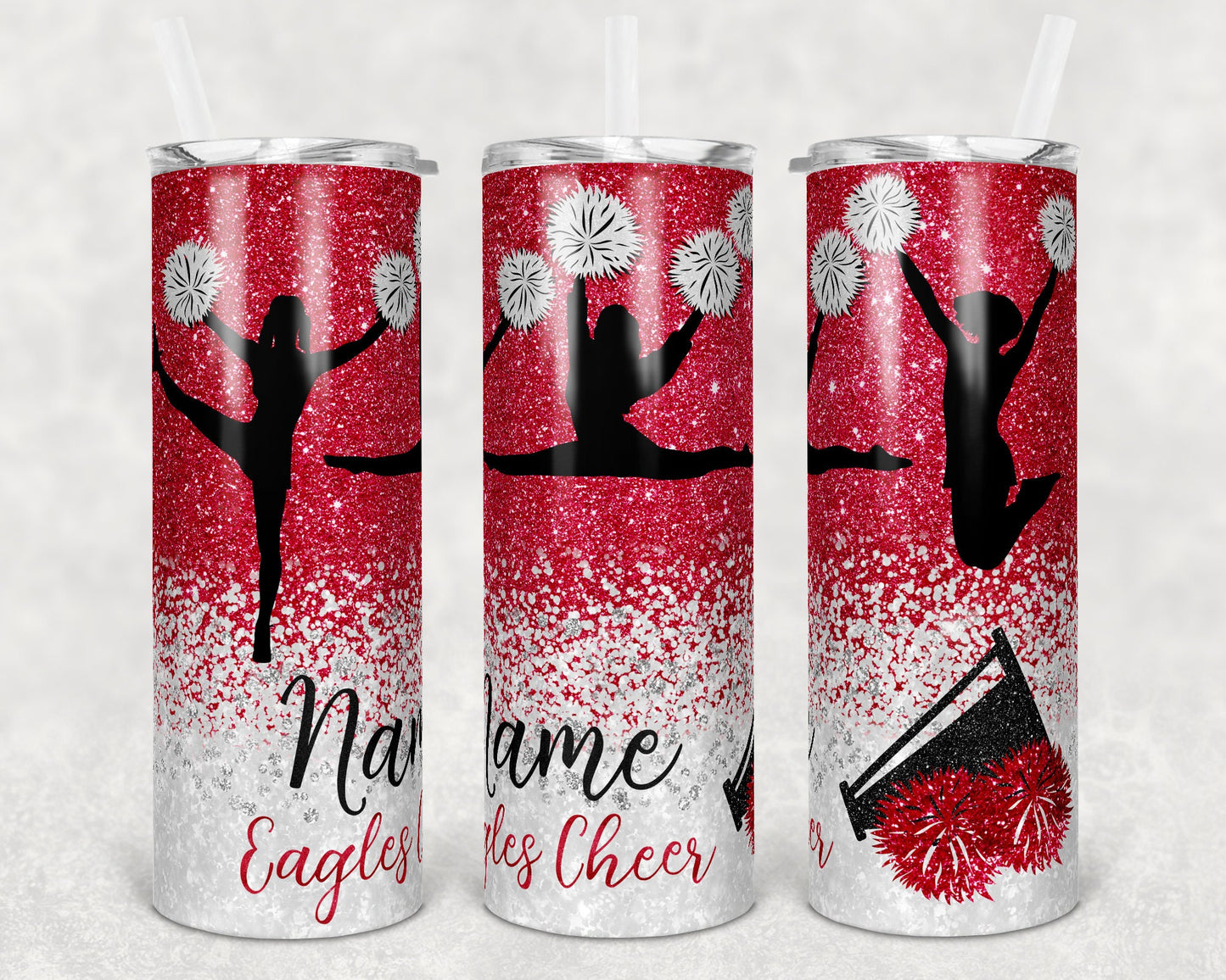 20 oz Skinny Tumbler Cheer Red White Glitter Sublimation Design Print Transfer