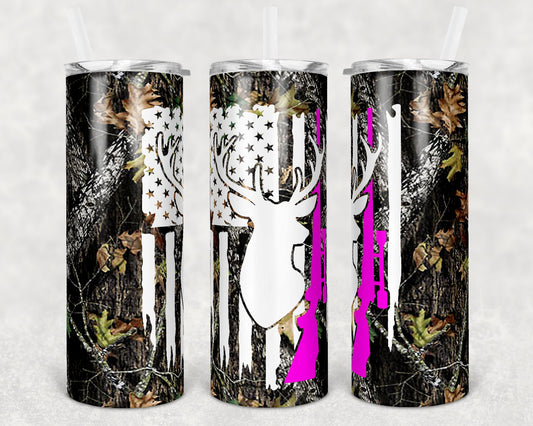 20 oz Skinny Tumbler Deer Hunting Pink Gun Sublimation Design Print Transfer