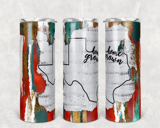 20 oz Skinny Tumbler Sublimation Red Teal and Gold Brush Strokes Design Texas