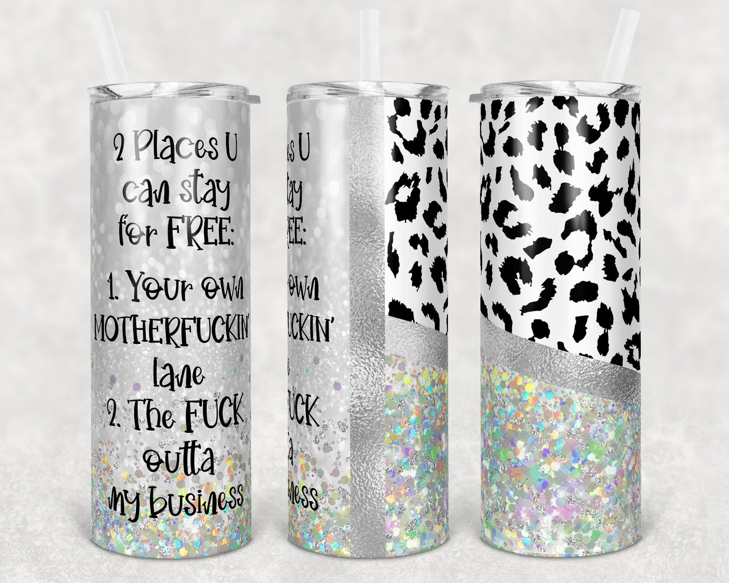 20 oz Skinny Tumbler Sublimation Design Template White Holographic Leopard Plain and Quote Straight Warped Design