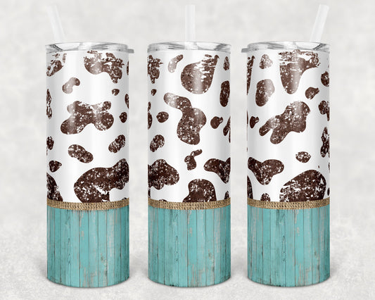20 oz Skinny Tumbler Sublimation Cow Print Burlap and Glitter Design