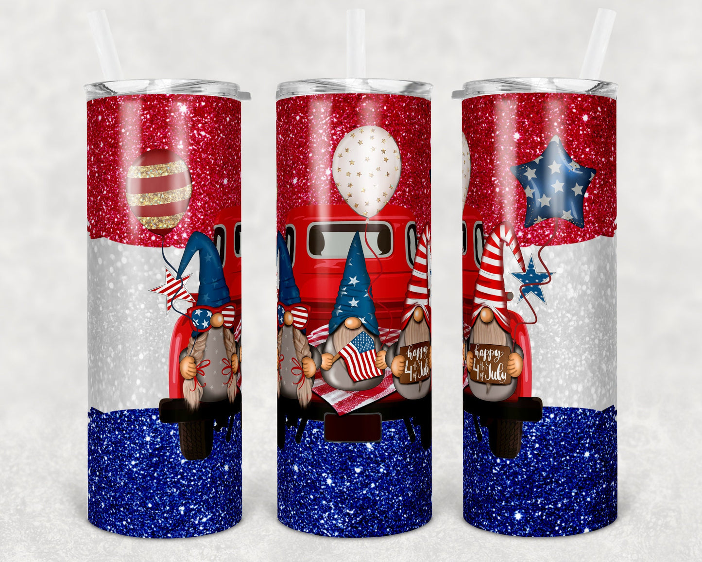 20 oz Skinny Tumbler Sublimation Design Template Gnome 4th of july Patriotic Straight and Warped Design