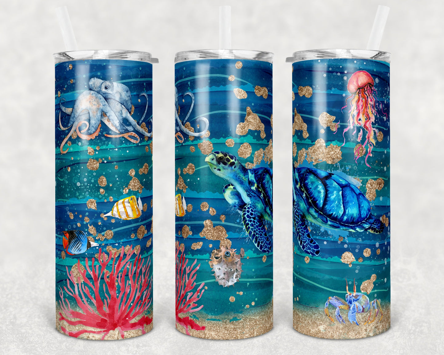 20 oz Skinny Tumbler Sublimation Design Template Under the Sea Turtle Ocean Print Transfer