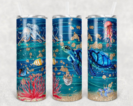 20 oz Skinny Tumbler Sublimation Design Template Under the Sea Turtle Ocean Print Transfer