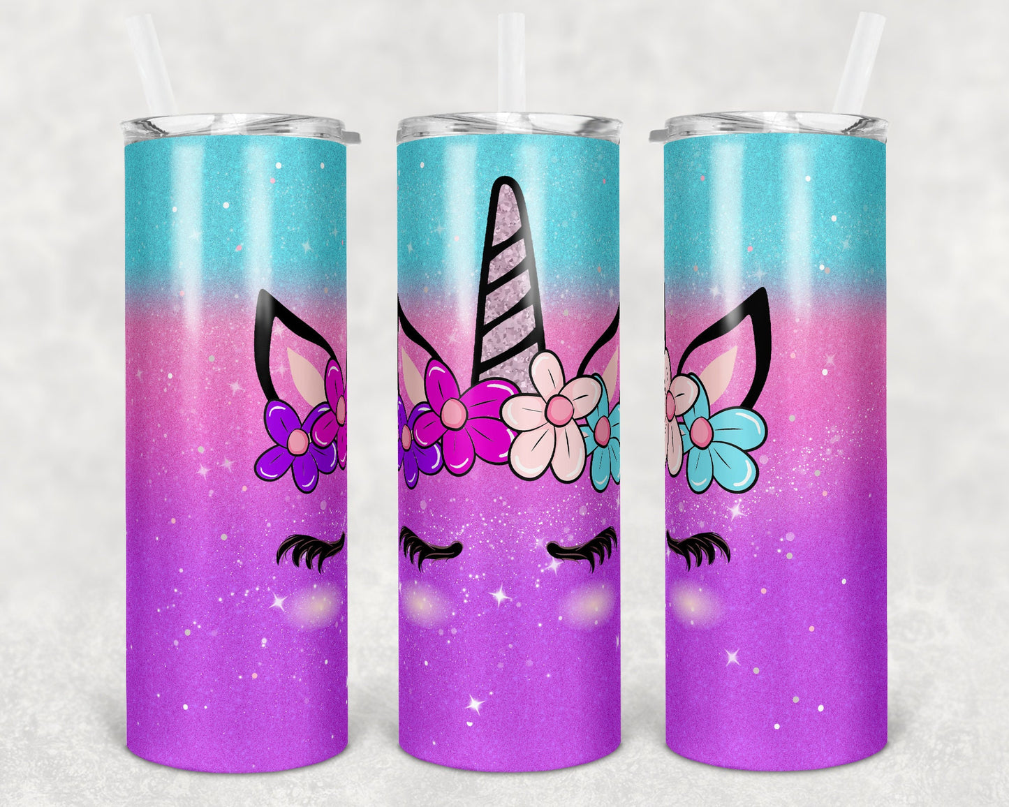 20 oz Skinny Tumbler Sublimation Design Template Unicorn Glitter Ombre Straight and Warped Design