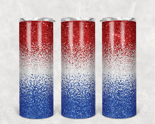 20 oz Skinny Tumbler Sublimation Design Template Glitter Ombre Red White Blue Patriotic Straight Warped Design