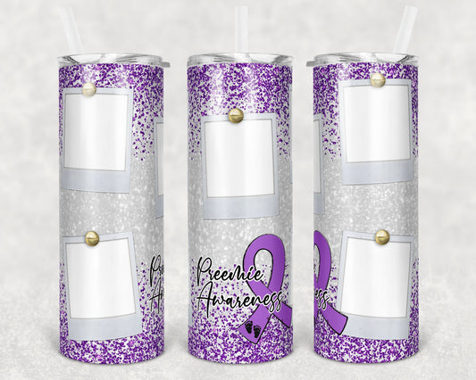 20 oz Skinny Tumbler Sublimation Glitter Purple Preemie Awareness Photo Polaroid Straight and Warped Design tumblers