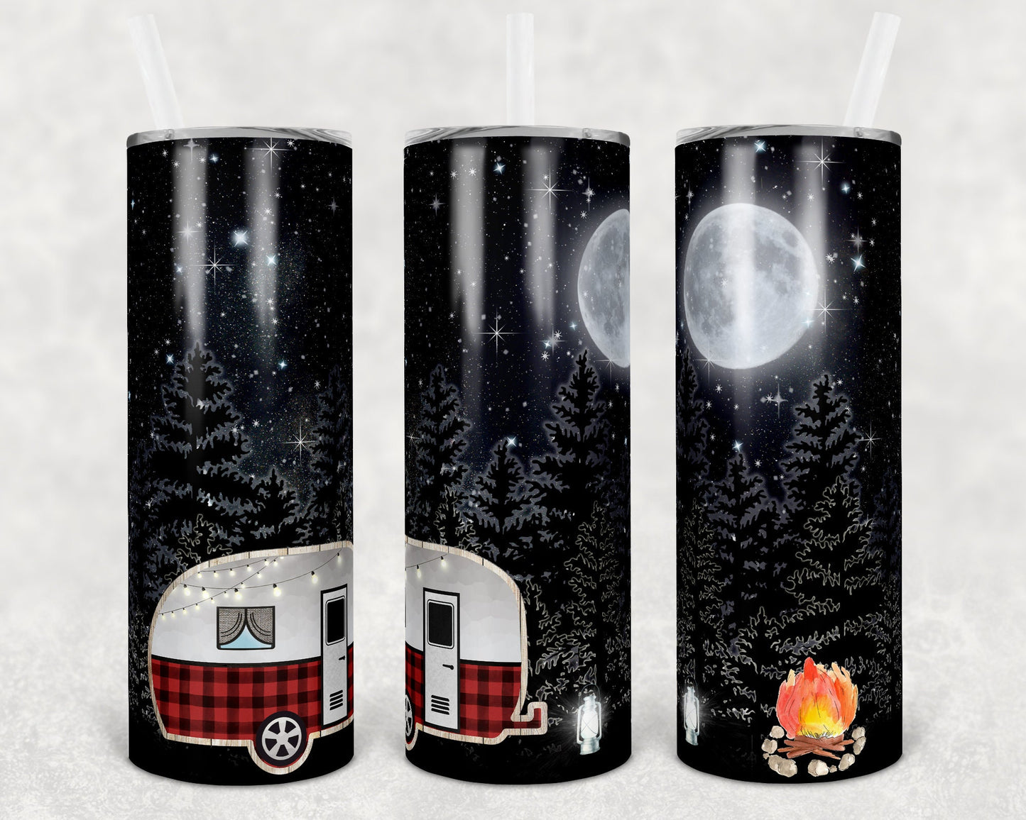 20 oz Skinny Tumbler Camper Vintage Red Plaid Trailer Night Sky Camping Sublimation Design Dwnld