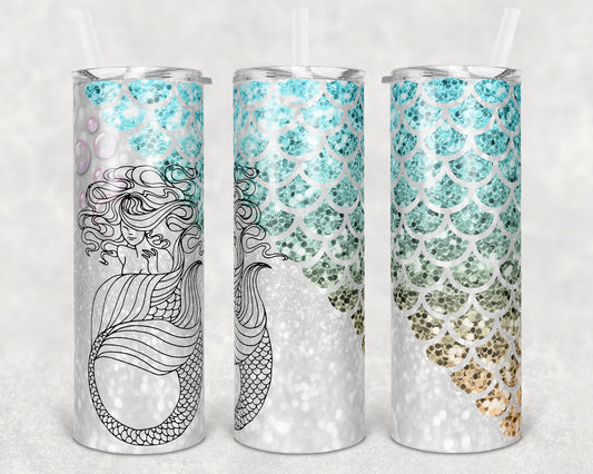 20 oz Skinny Tumbler Sublimation Design Template Glitter Mermaid Scales Tail