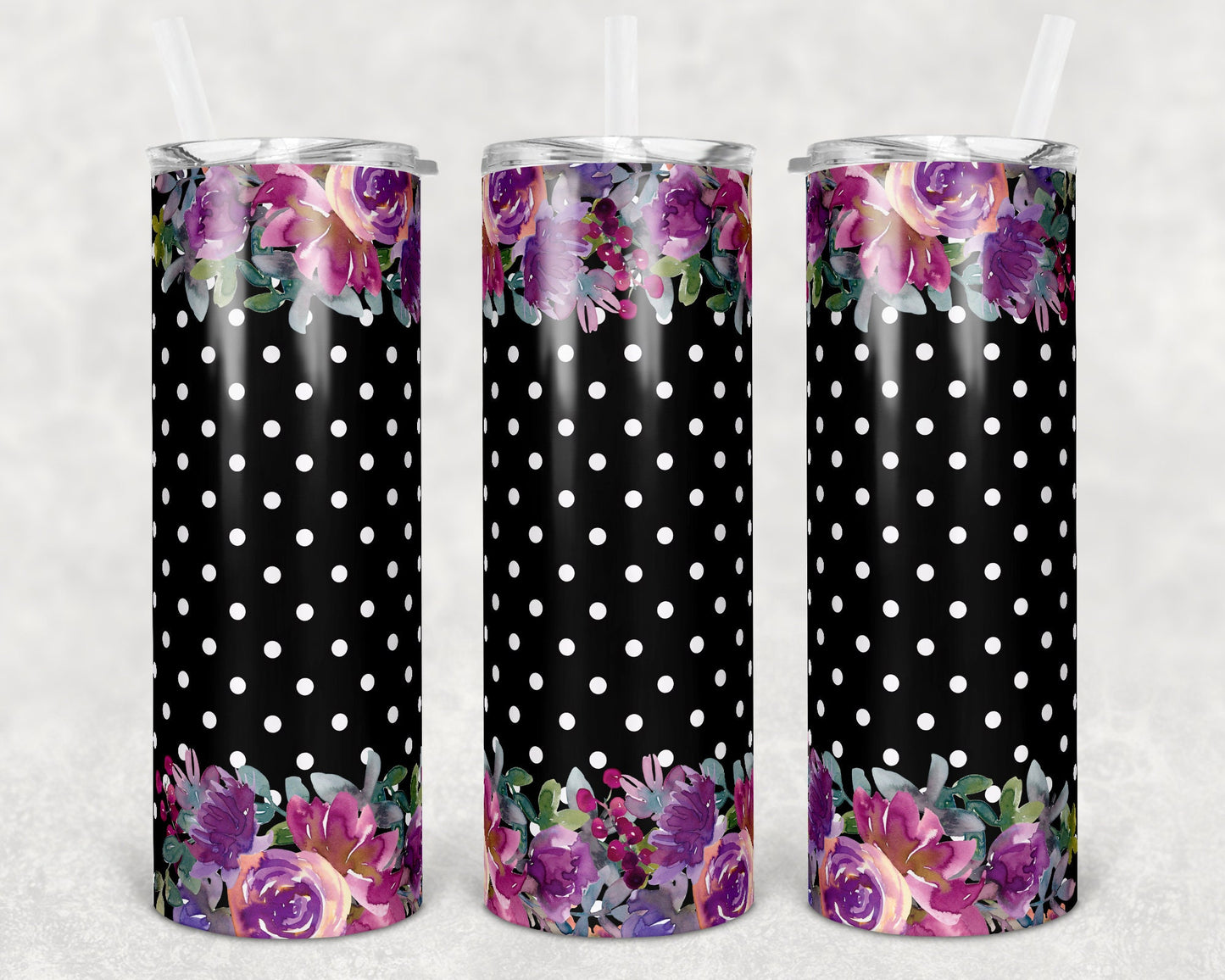 20 oz Skinny Tumbler Polka Dot Floral Purple Sublimation Design Print Transfer