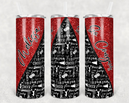 20 oz Skinny Tumbler Cheer Red Glitter Cheer Cheerleading Sublimation Design Print Transfer