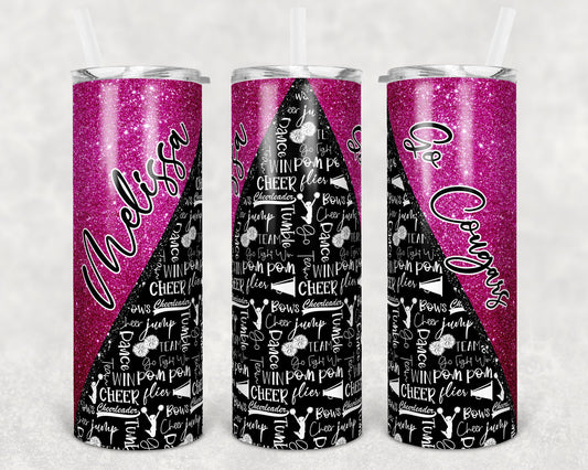 20 oz Skinny Tumbler Cheer Hot Pink Glitter Cheer Cheerleading Sublimation Design