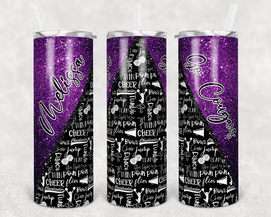 20 oz Skinny Tumbler Cheer Purple Glitter Cheer Cheerleading Sublimation Design