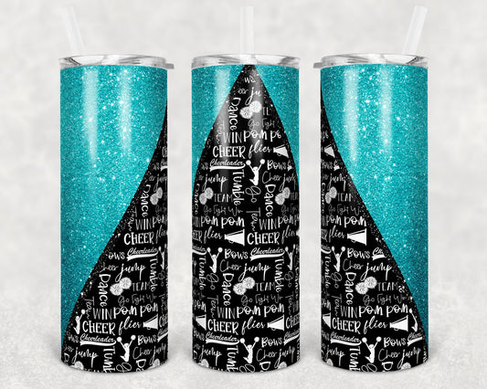 20 oz Skinny Tumbler Cheer Teal Glitter Cheer Cheerleading Sublimation Design