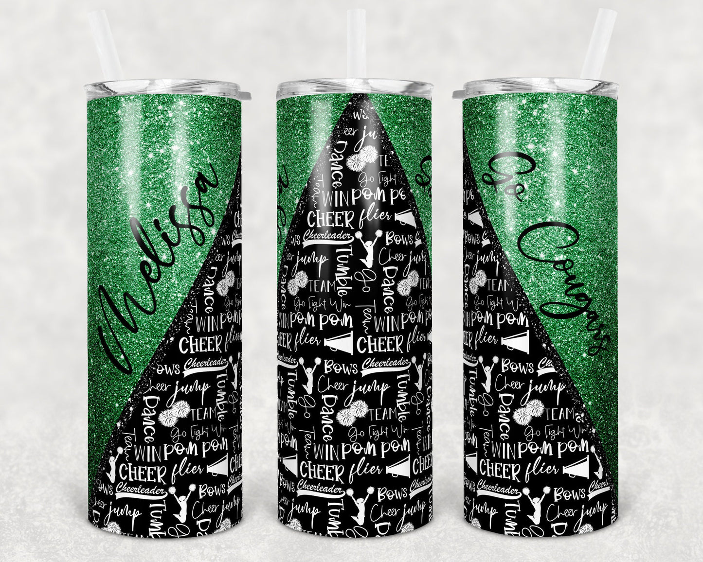 20 oz Skinny Tumbler Cheer Green Glitter Cheer Cheerleading Sublimation Design