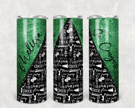 20 oz Skinny Tumbler Cheer Green Glitter Cheer Cheerleading Sublimation Design