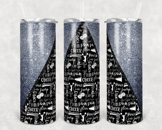 20 oz Skinny Tumbler Cheer Silver Glitter Cheer Cheerleading Sublimation Design