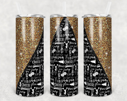 20 oz Skinny Tumbler Cheer Gold Glitter Cheer Cheerleading Sublimation Design