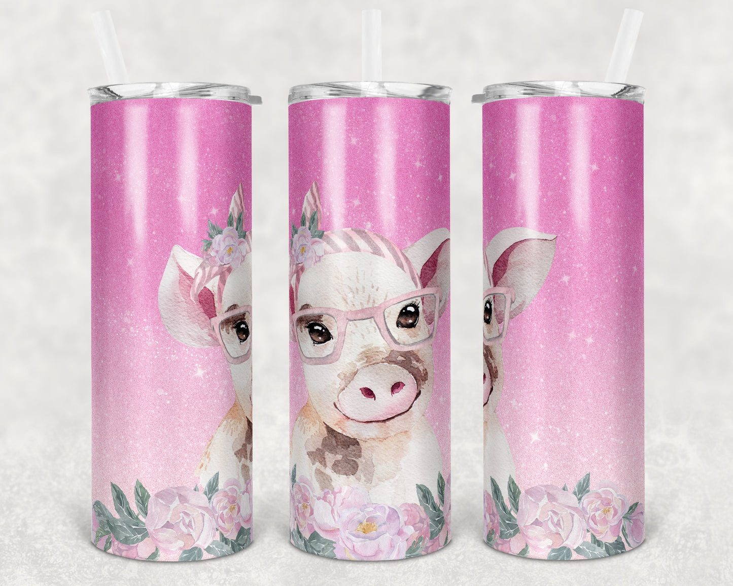 20 oz Skinny Tumbler Sublimation Design Template Ombre Glitter Pig Straight and Warped