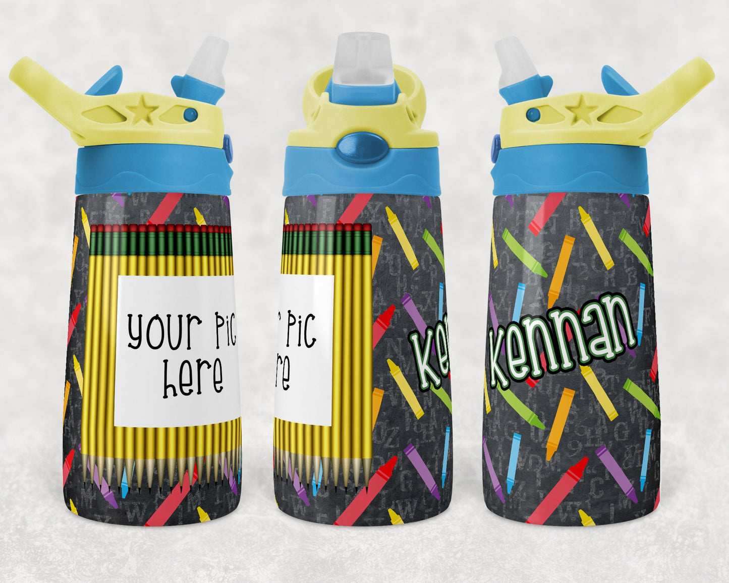 Kids water bottles Sublimation Design Template School with pic add name and picture Tumbler