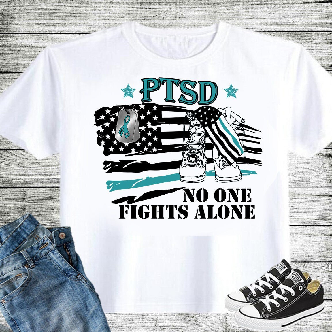 20 oz Skinny Tumbler Patriotic usa PTSD Awareness Veteran No One Fights Alone Sublimation Design