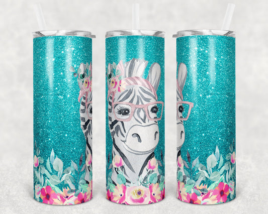 20 oz Skinny Tumbler Sublimation Design Template Teal Glitter Zebra Straight and Warped