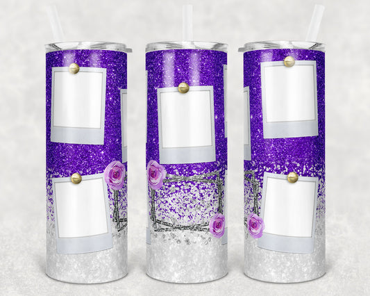 20 oz Skinny Tumbler Blessed Purple White Glitter 5 Photo Picture Sublimation Design