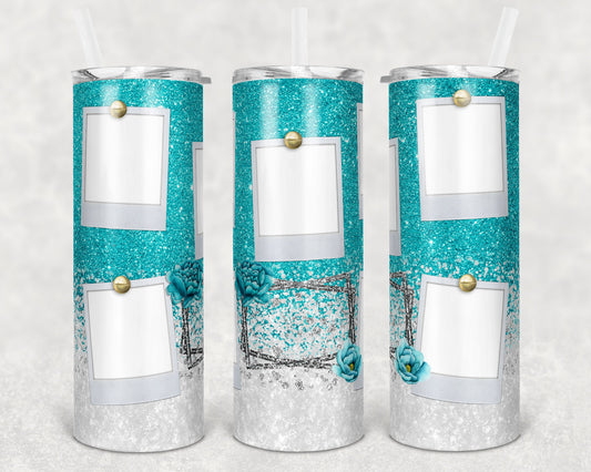 20 oz Skinny Tumbler Blessed Teal White Glitter 5 Photo Picture Sublimation Design