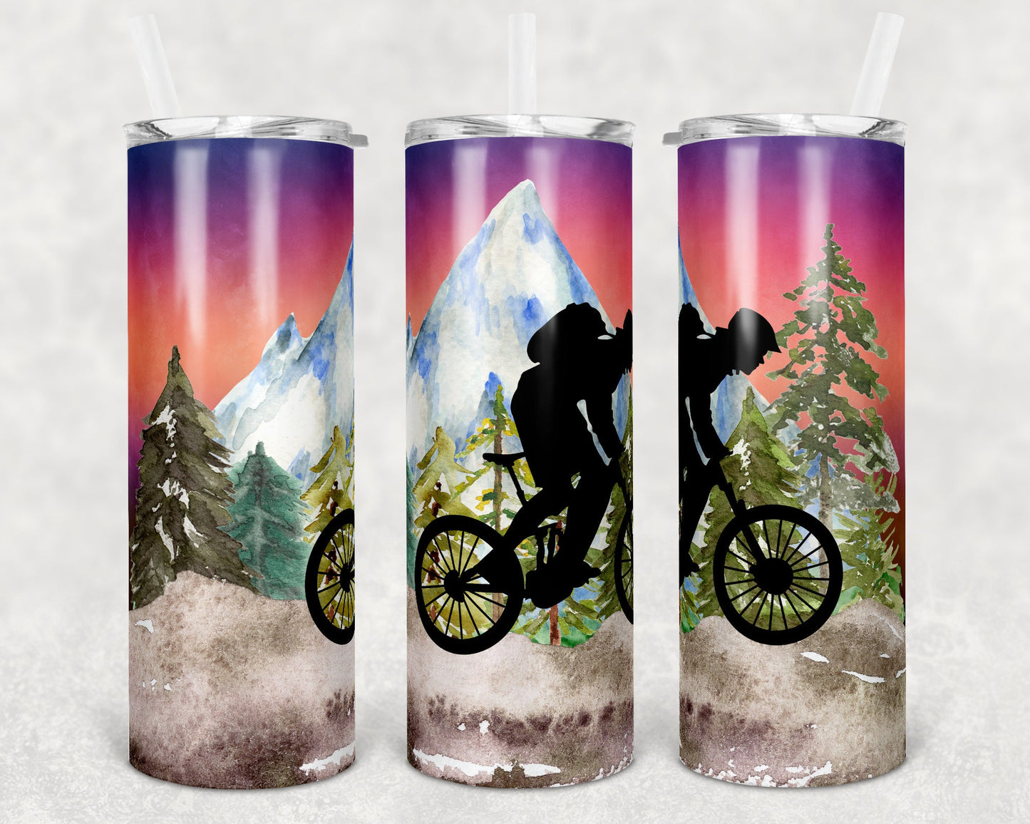 20 oz Skinny Tumbler Sublimation Design Template Mountain Biking Sunset Mountain Bike Design