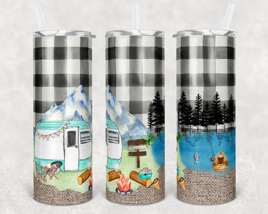 20 oz Skinny Tumbler Camping Trailer Camping and Fishing Sublimation Design Print Transfer