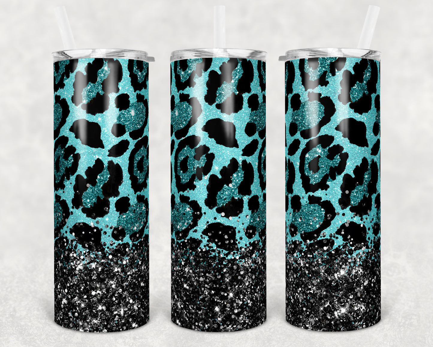 20 oz Skinny Tumbler Sublimation Design Template Teal Leopard Glitter Overlay Design tumblers