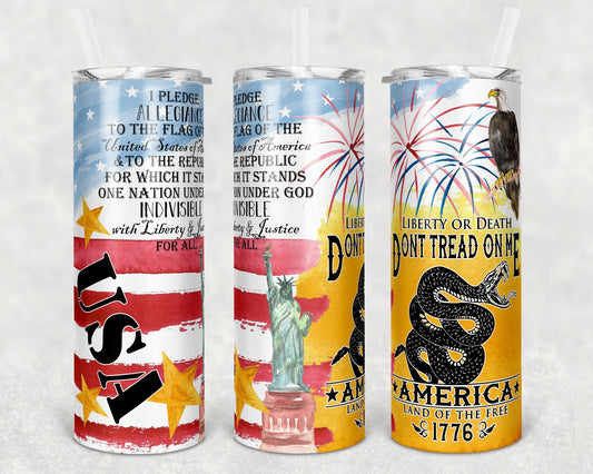 20 oz Skinny Tumbler Patriotic USA Flag Pledge Watercolor Don't Tread on Me Sublimation Design