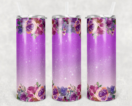 20 oz Skinny Tumbler Sublimation Design Template Glitter Ombre Purple Floral Straight and Warped Design