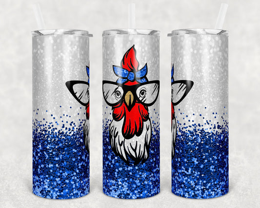 20 oz Skinny Tumbler Snarky Chicken Cute Blue Glitter Sublimation Design Print Transfer