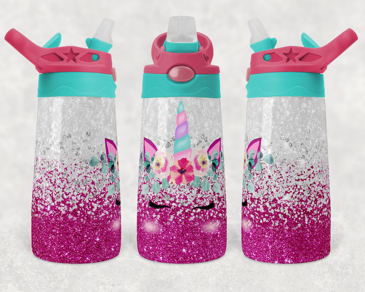 Kids flip top water bottles Sublimation Design Template Glitter Unicorn teal pink Tumbler