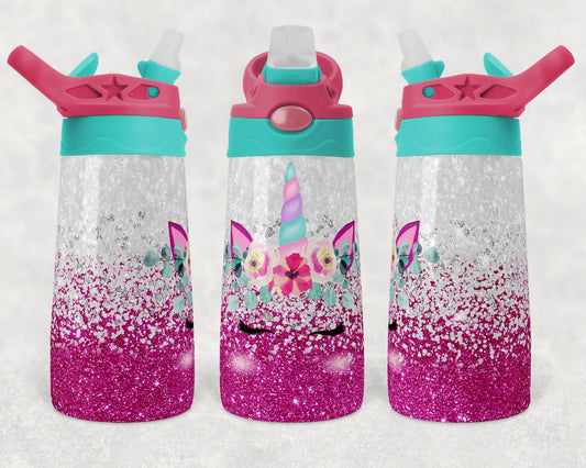 Kids flip top water bottles Sublimation Design Template Glitter Unicorn teal pink Tumbler