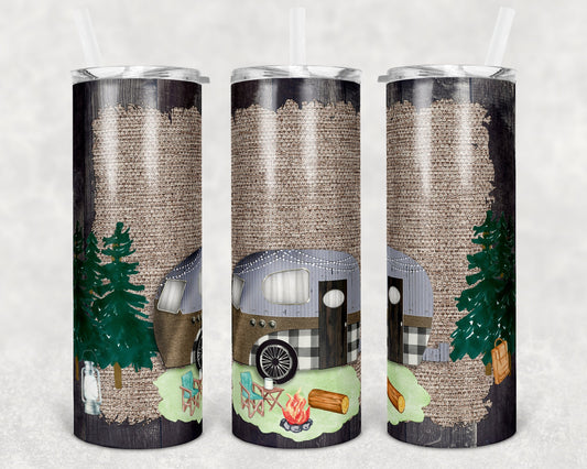20 and 30 oz Skinny Tumbler Camper Vintage Trailer Burlap Wood out Sublimation