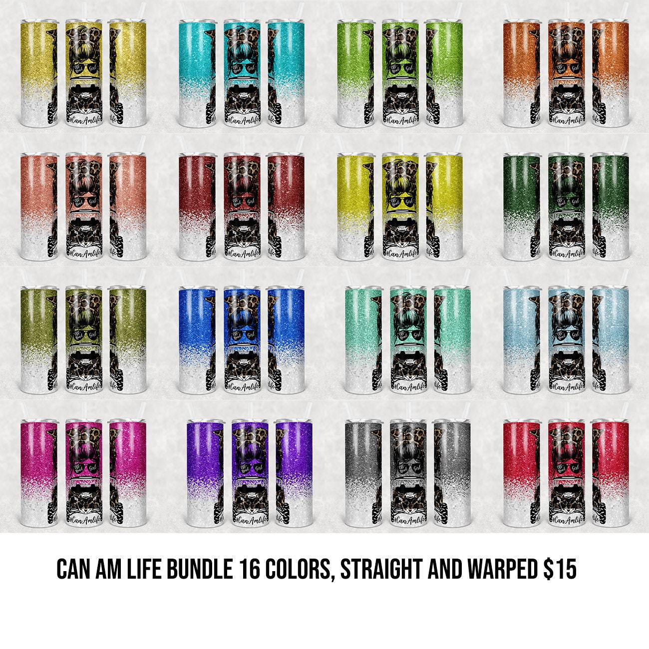 20 oz Skinny Tumbler Sublimation Design Can Am Girl Off road Life Template 16 color Faux Glitter Straight Warped Design