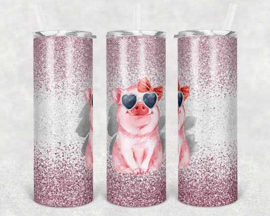 20 oz Skinny Tumbler Sublimation Glitter Cute Pig Pigs Pink Straight and Warped Design