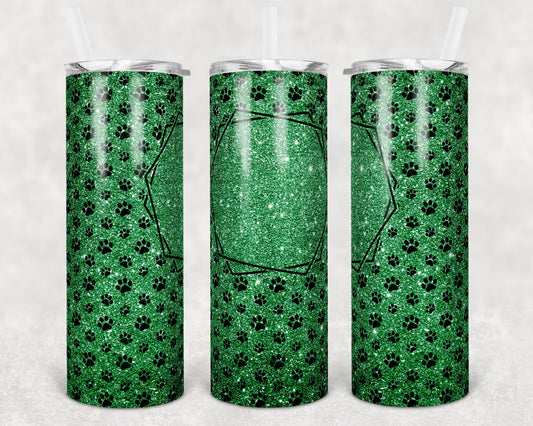 20 oz Skinny Tumbler Sublimation Green Glitter Paw Dog Frame Add Text Personalize Template Straight Warped