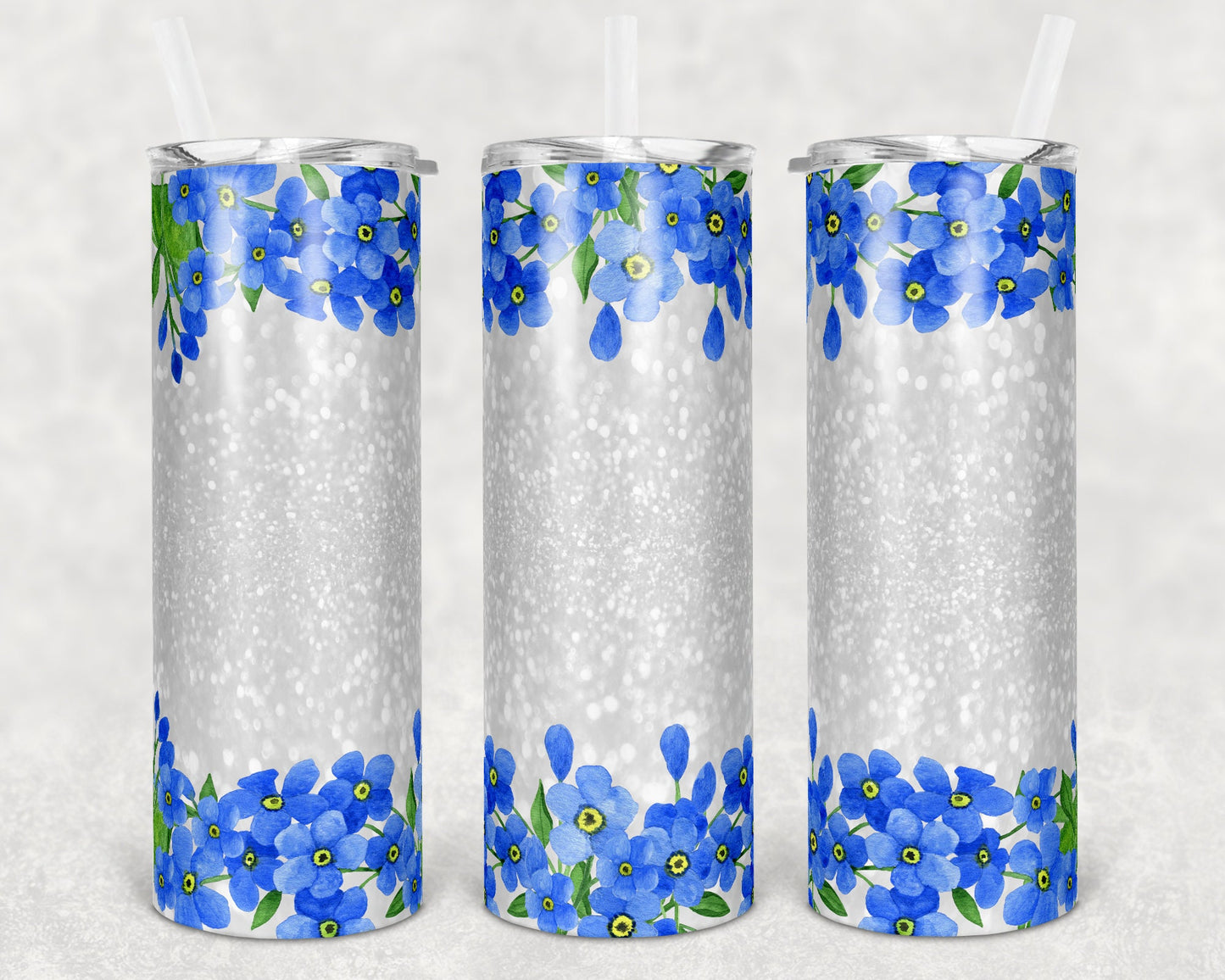 20 oz Skinny Tumbler Sublimation Design Template Floral Forget me Not White Glitter Design Inst tumblers