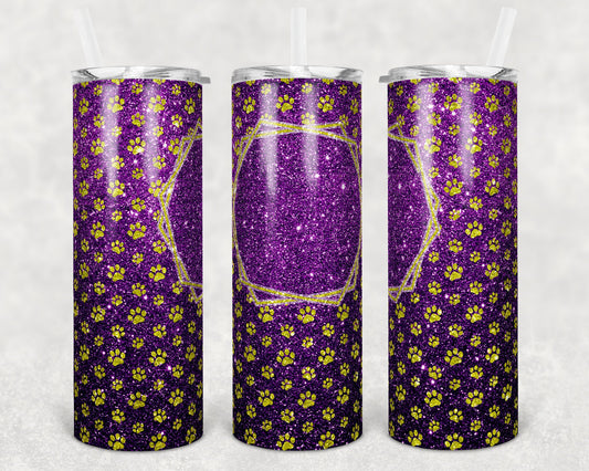 20 oz Skinny Tumbler Sublimation Purple Yellow Glitter Paw Dog Frame Add Text Personalize Template Straight Warped