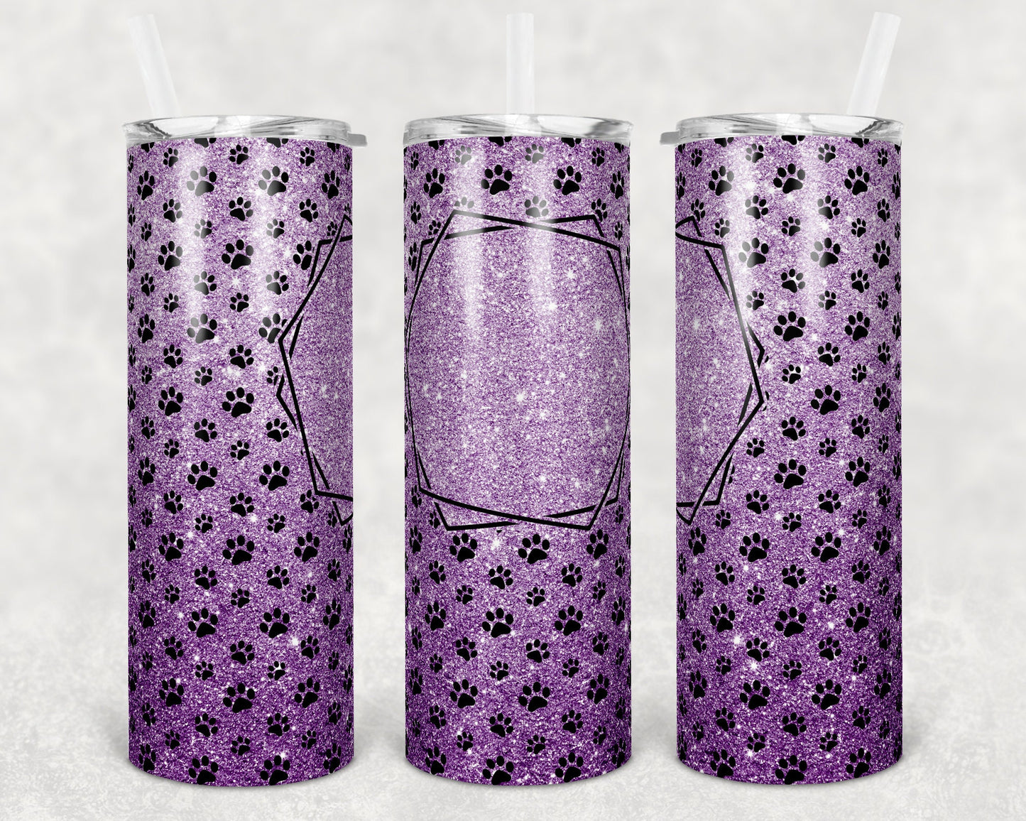 20 oz Skinny Tumbler Sublimation Lavender Glitter Paw Dog Frame Add Text Personalize Template Straight Warped