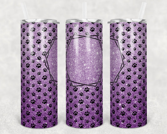 20 oz Skinny Tumbler Sublimation Lavender Glitter Paw Dog Frame Add Text Personalize Template Straight Warped