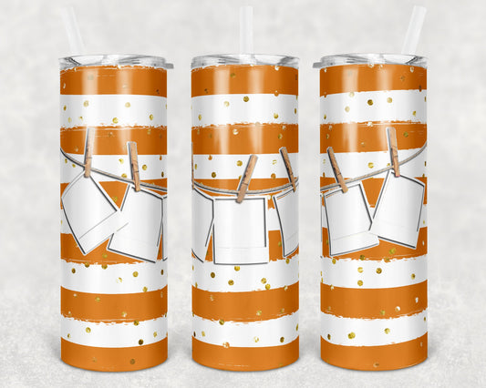 20 oz Skinny Tumbler Frame Polaroid on Line Orange Stripe Gold Glitter Sublimation Design